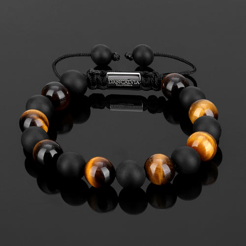 Protection Bracelet, Natural Yellow Tigers Eye Black Onyx 10mm Beads Bracelet for Men, Crystal Jewelry Stone Bracelets Christmas Gifts for Bring Luck Prosperity Protection